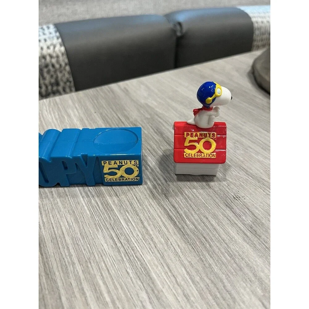 Peanuts 50th Celebration Snoopy Flying Ace Doghouse Figurine Blue Block Letter